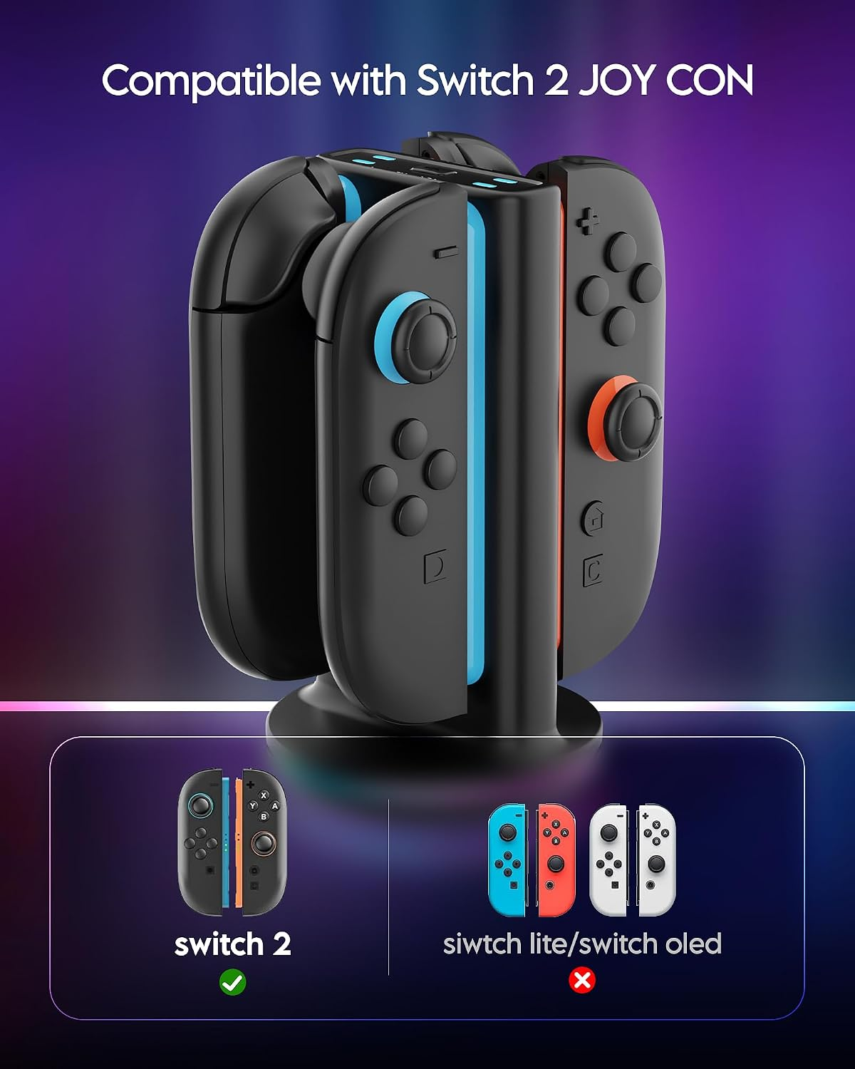 4 In 1 Charging Dock Dual-Direction Magnetic Fast Station With 9 RGB Light, Intelligent Protection For S Witch 2 Joy Con Controller Accessories, Black photo 5