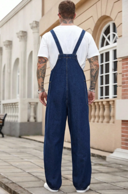 US Ready Stock Mens Denim Overalls Dark Blue Loose Fit Straight Leg Bib Overalls Casual Workwear For Men photo 5