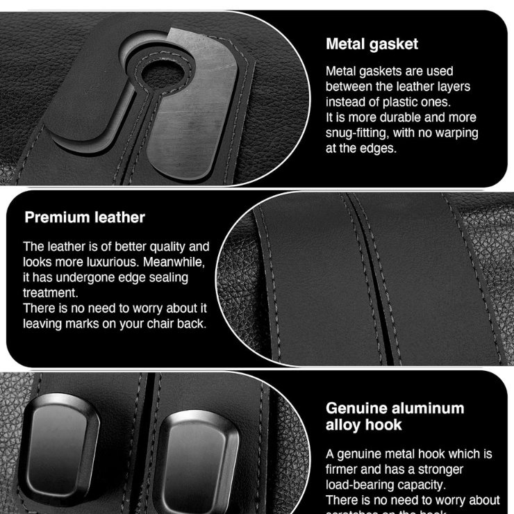Car Hooks For Headrest, 2Pcs Seat Back Storage Hook Luxurious Leather Metal Multifunctional Car Hanger & Holder For Heatrest, Seat, Bag, Purse Black photo 3