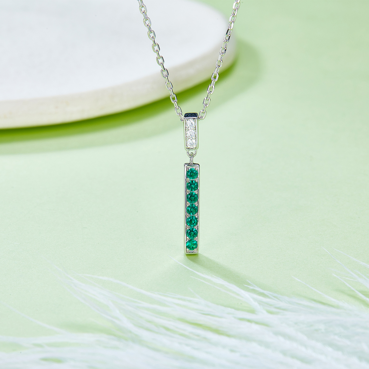 S925 Silver 3g Lab-Created Emerald Bar Necklace, 1.8mm Stones 42&3cm, D VVS1 Moissanite, GRA Certified photo 2