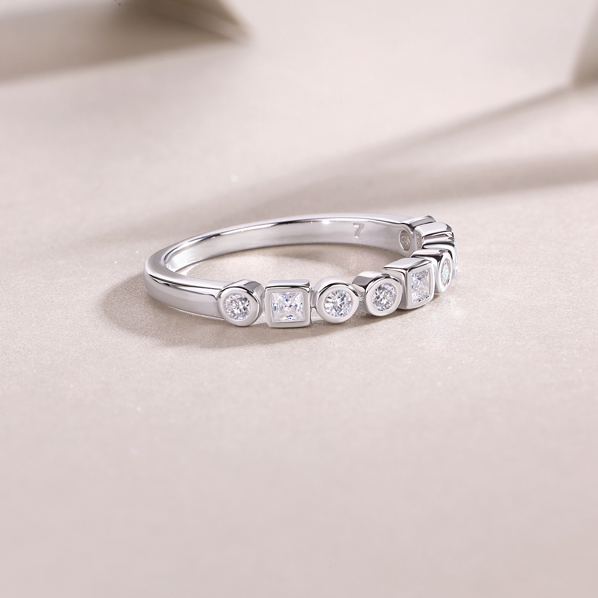 S925 Silver 2.0g Platinum Plated Moissanite Ring, Alternating Round & Square Bezel Set Half Eternity Band, GRA Certified US 5-9 photo 7