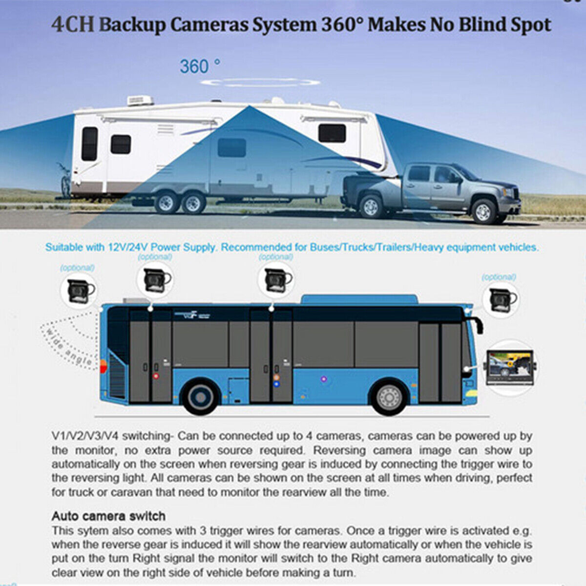 7in Screen 4CH Car Monitor Portable Reversing Camera For Truck RV BUS Trailer photo 2