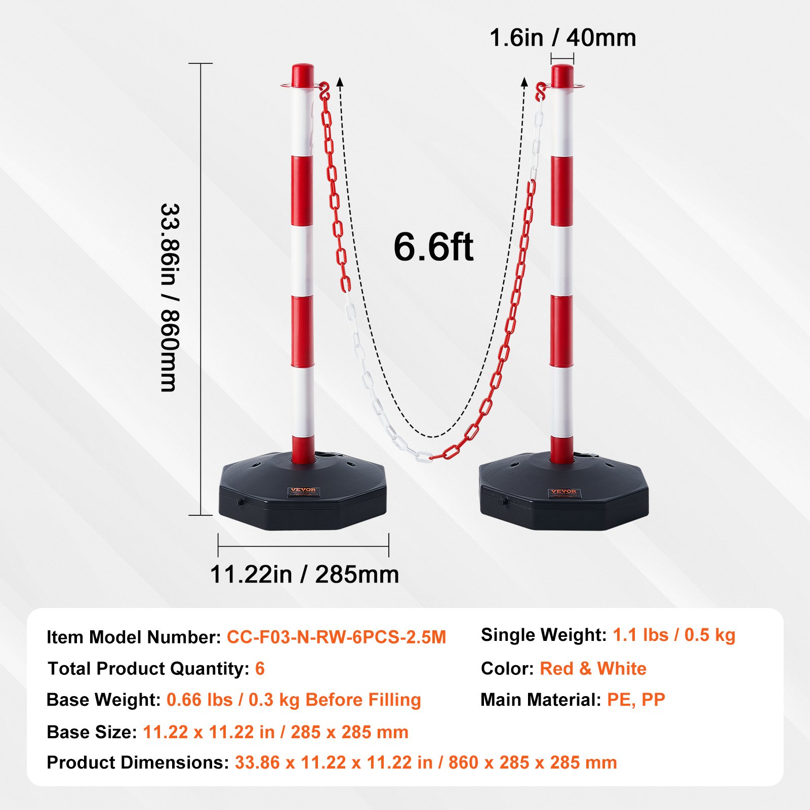 Adjustable Traffic Delineator Post Cones, 6 Pack, Traffic Safety Delineator Barrier With Fillable Base 2 M Chain, For Traffic Control Warning Parking Lot Construction Caution Roads, Red & White photo 4