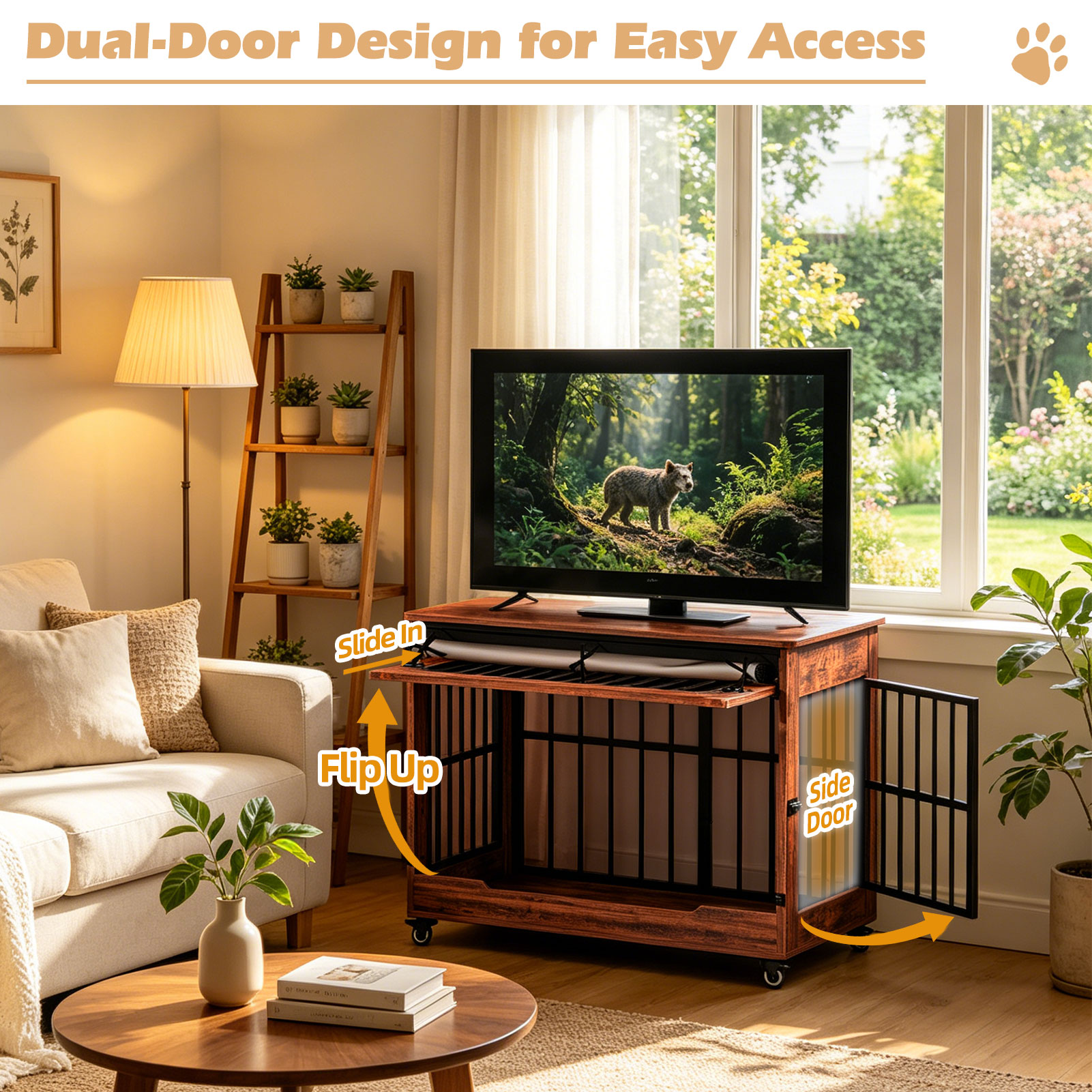38in  Dog Crate Furniture, Double Door Wooden Indoor Dog Kennel Furniture, Decorative Pet Cage End Table With Wheels For Large And Medium Breed Dogs, Size L, Greige photo 7