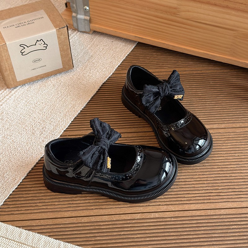 2026 Spring New Kids Leather Shoes, Stylish Black Bow Princess Mary Jane Flat Shoes For Girls photo 3