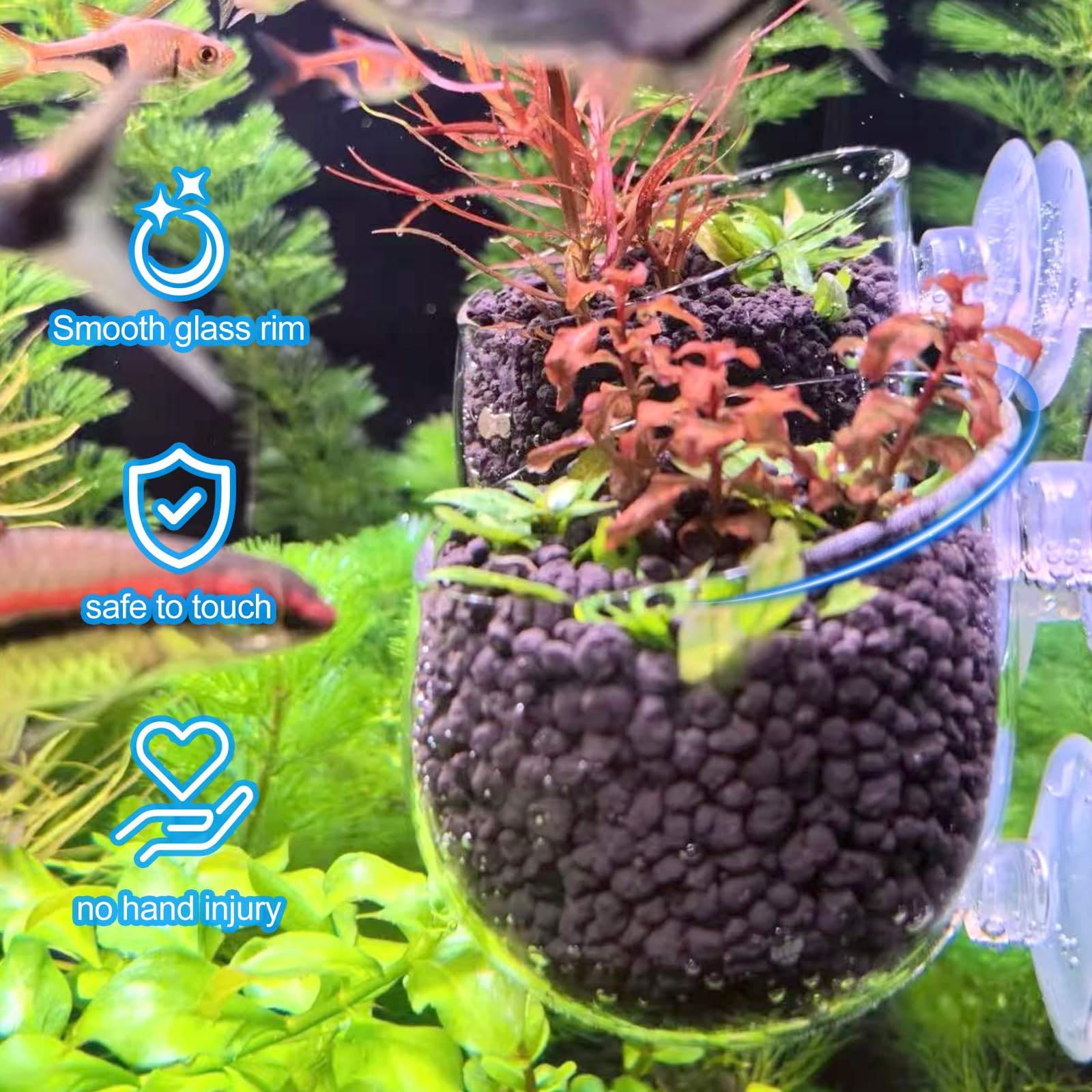 Glass Aquarium Plant Pot For Decoration, Aquatic Plant Pot Cup With Suction Cup, Betta Resting Bed Spot, Aquarium Planter Landscaping Decor Cup With Colorful And Clear Stones photo 2