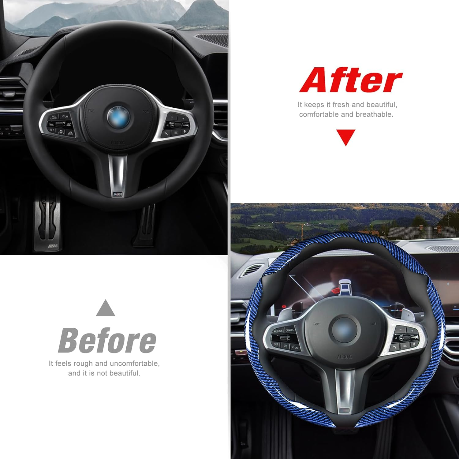 Carbon Fiber Steering Wheel Covers 3 Piece Clip On Steering Wheel Cover Blue photo 5