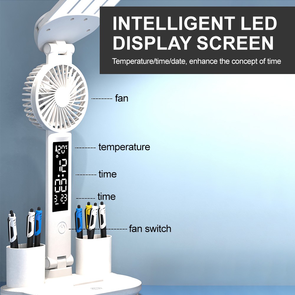 4-Head LED Desk Reading Lamp With Fan Clock Dimmable Rechargeable Touch Light photo 4