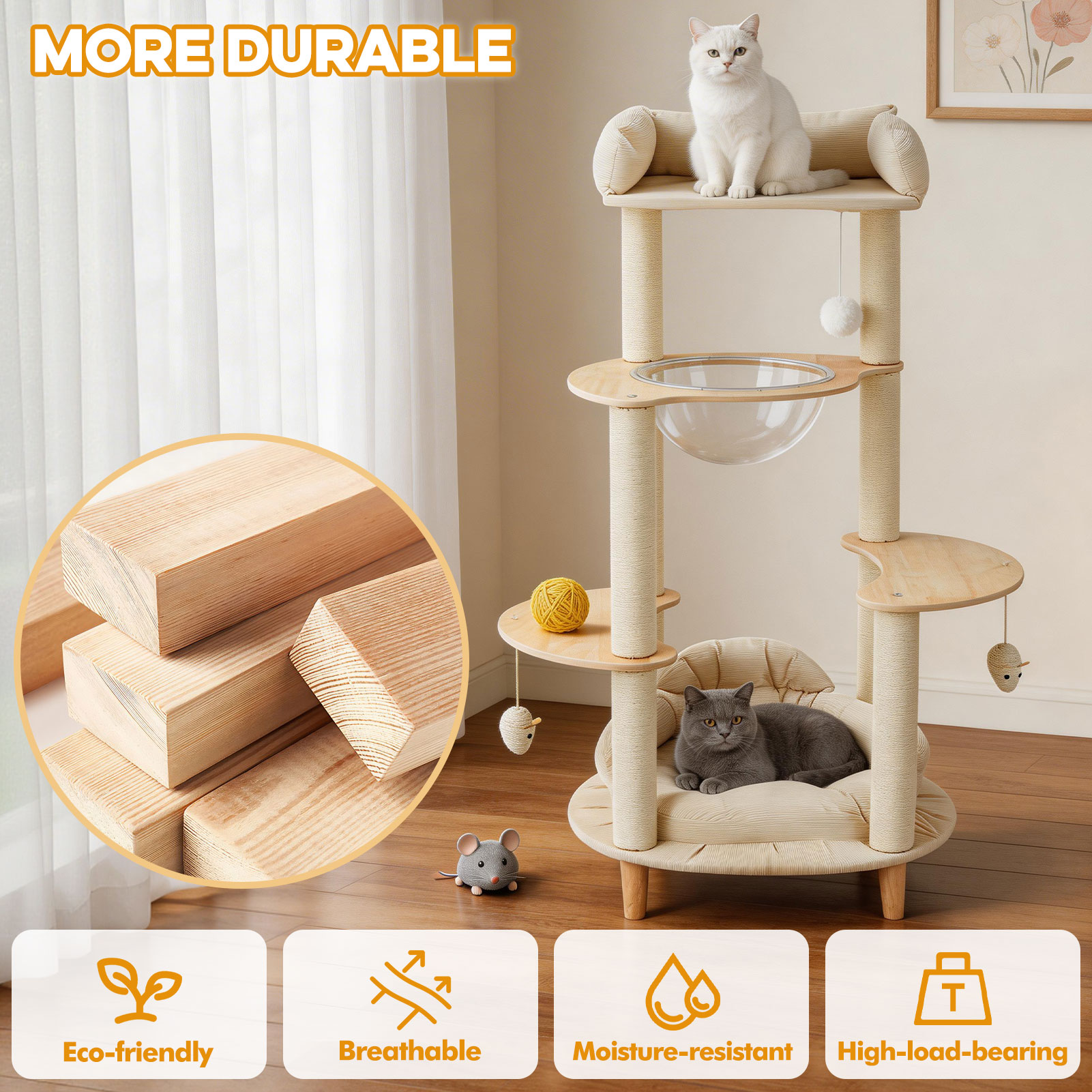 Modern Heavy-Duty No-Drill 4-Tier Solid Wood Cat Tree- 45.7in Multi-Cat Tower With Cozy Bed, Capsule & Extra Wide Perch photo 7