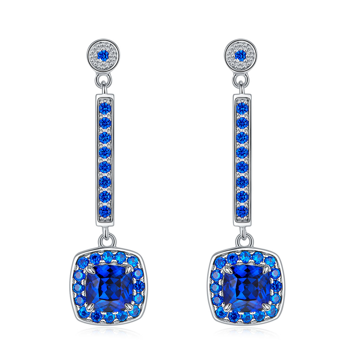 S925 Silver 4.5g Lab-Created Sapphire Drop Earrings, 2ct 6x6mm Cushion, Pair photo 1