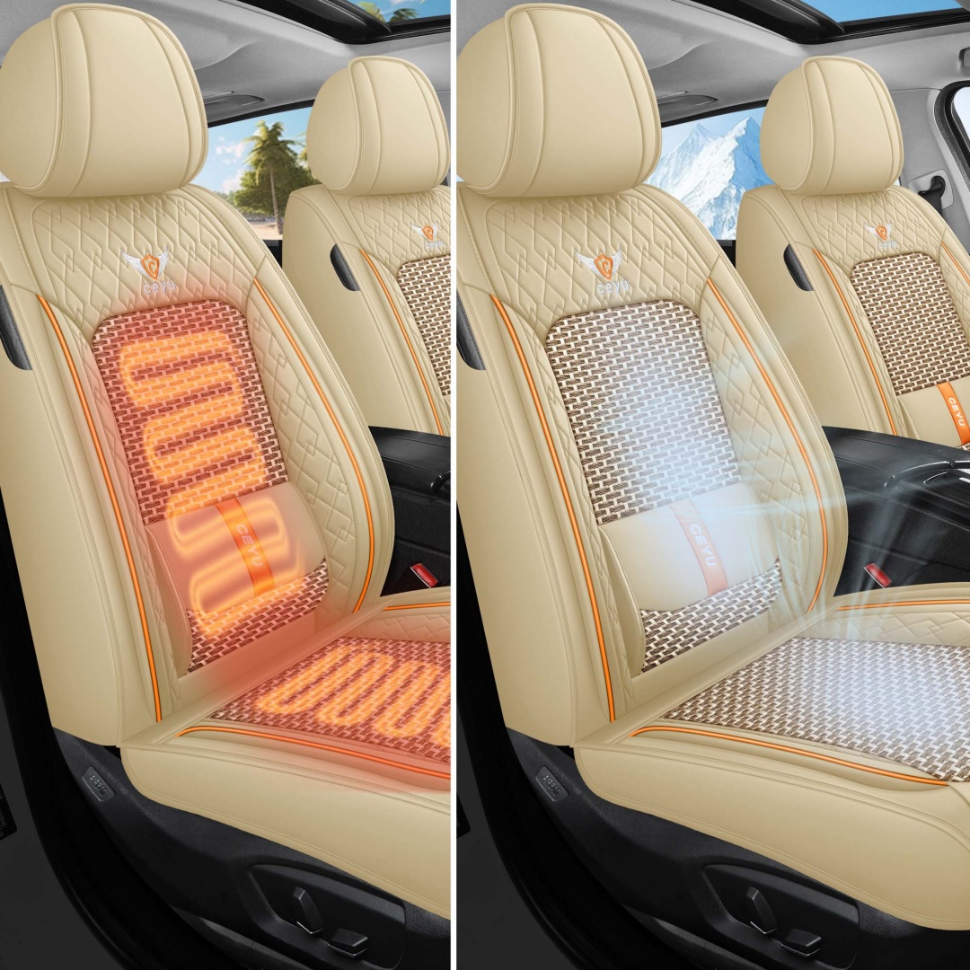 Summer Cool Ice Silk Breathable Car Seat Covers Full 5-Seat Set Ergonomic Lumbar Support Soft Beige Universal Auto Interior Seat Cushion Protectors photo 3