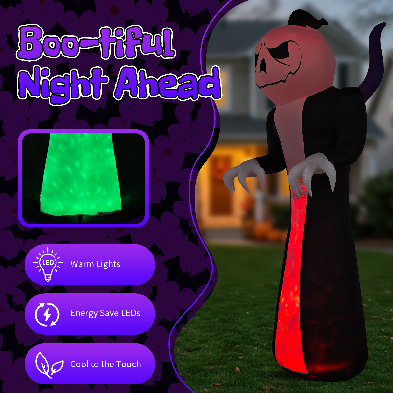 12ft Pumpkin Head Grim Reaper 1 Tri-Colored Flame Light Halloween Inflatable Decoration 12V photo 2