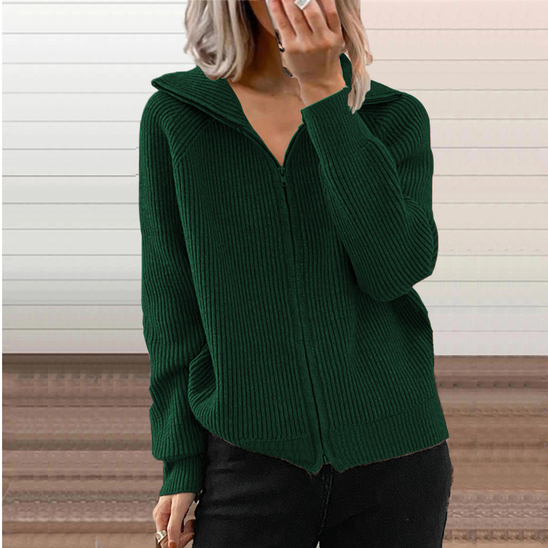 European And American Cross-border Fall And Winter New Style Striped Casual Jackets, Loose Knitted Tops With Zippers, Long-sleeved Lapel Sweaters For Women, Available In 6 Colors. photo 4