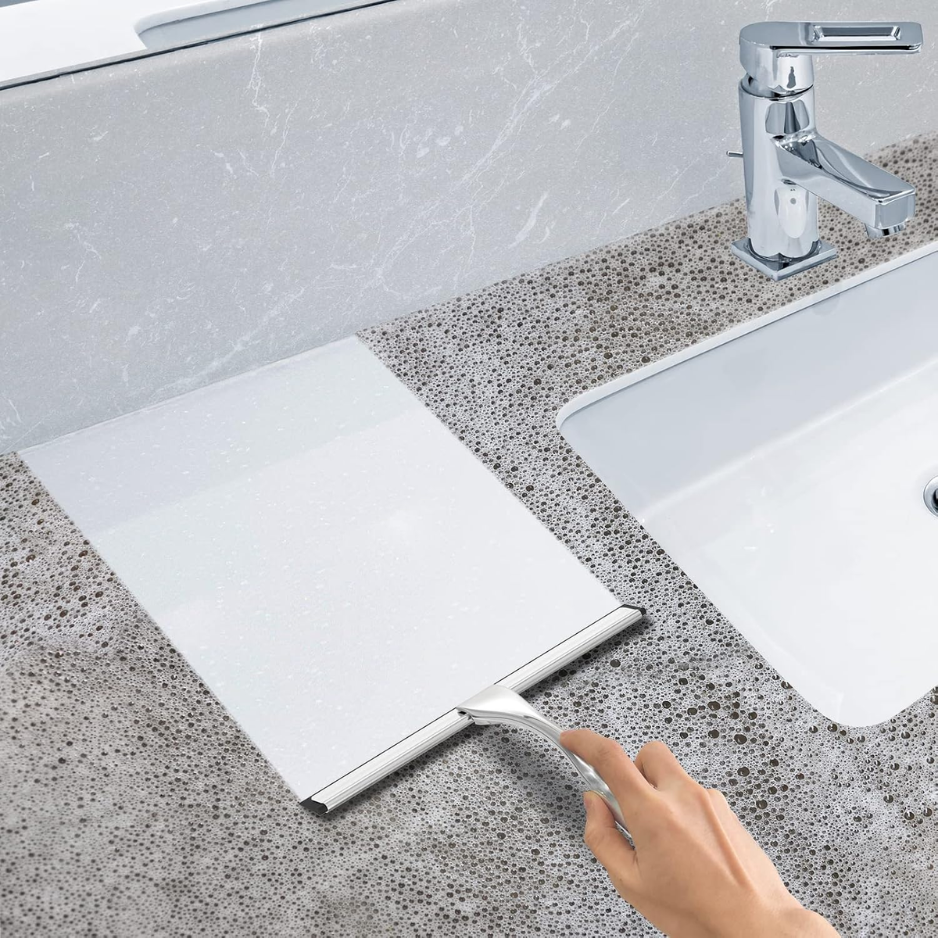 Stainless Steel Shower Squeegee 10 Inch With 2 Adhesive Hooks, Silver Glass Cleaner For Shower, Windows, Mirrors, Tile And Car photo 3