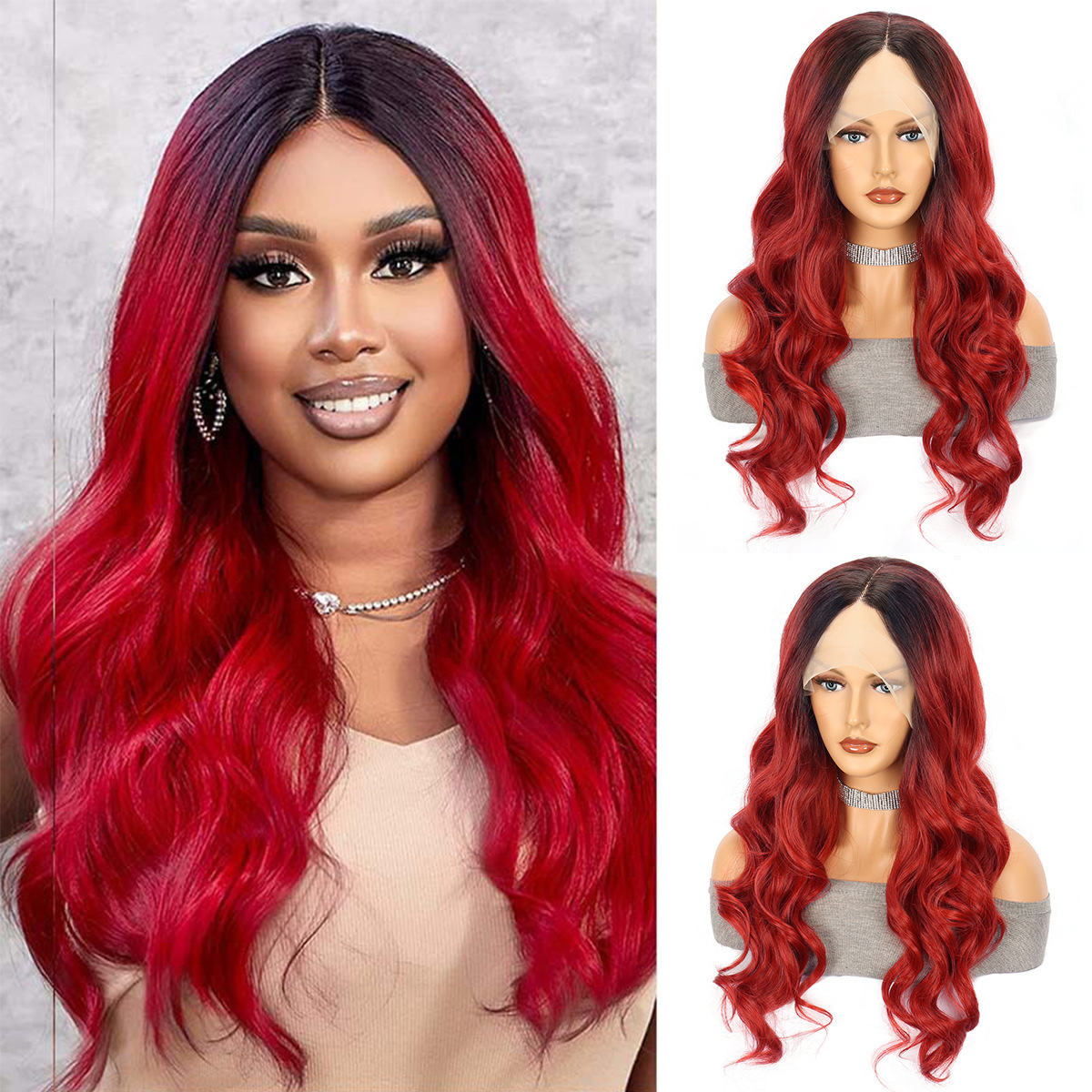 Red Large Wave Long Curly Hair Chemical Fiber Head Cover photo 1