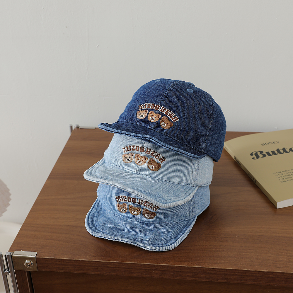 Baby Water Washed Denim Retro Beanie With Bear Embroidery And Soft Brim. Spring Autumn Outdoor Breathable Baseball Cap photo 5