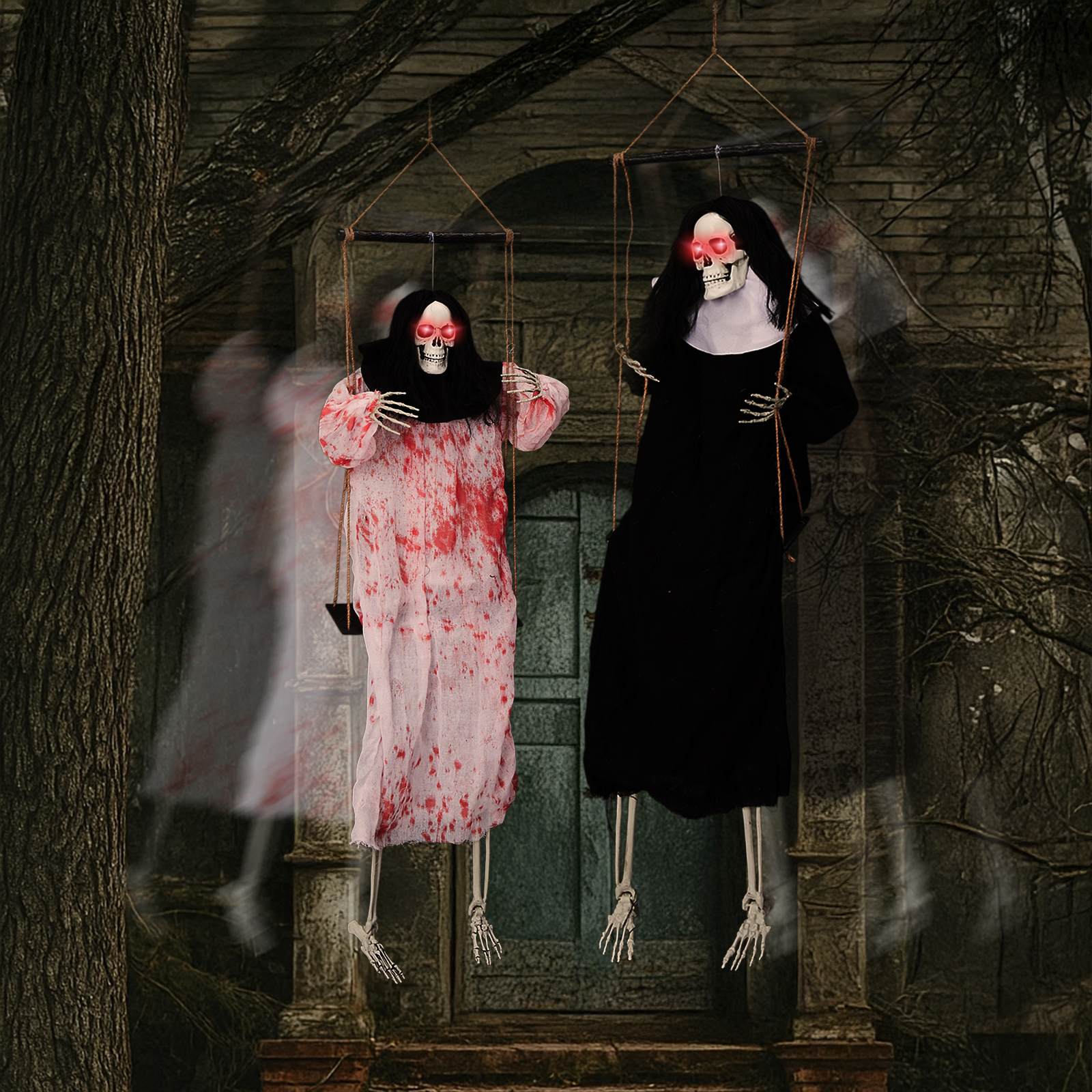 Outdoor Halloween Decorations 2 Packs Hanging Ghosts Decor With Lighted Up Eyes And Horror Scream,3ft Scary Grim Reaper Swinging Ghost Flying For Yard Patio Lawn Garden photo 4