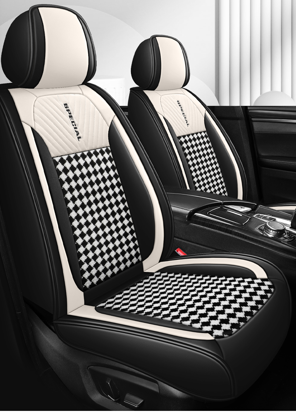 Light Luxury Nordic Style Classic Black White Checkered Plaid Car Seat Covers Full 5-Seat Set Breathable Soft Universal Auto Seat Cushion Protector For Vehicles photo 1