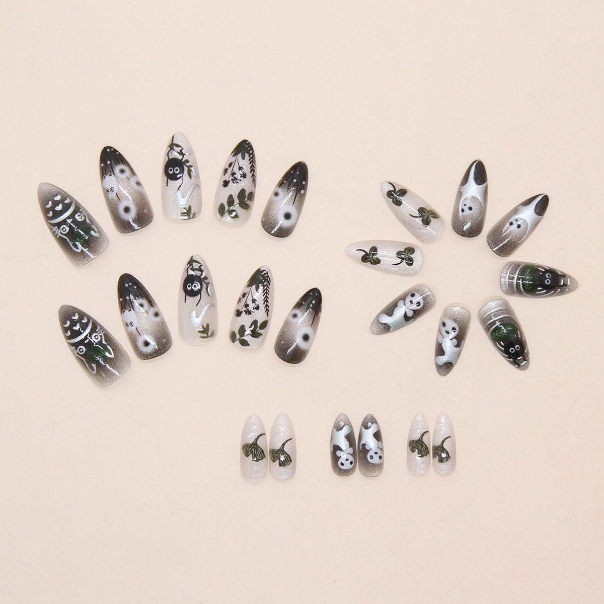 24Pcs Forest Style 3D Embossed Cat Eye Press On Nails, European INS Trendy Reusable Handmade False Nails Removable Wearable Nail Tips photo 2