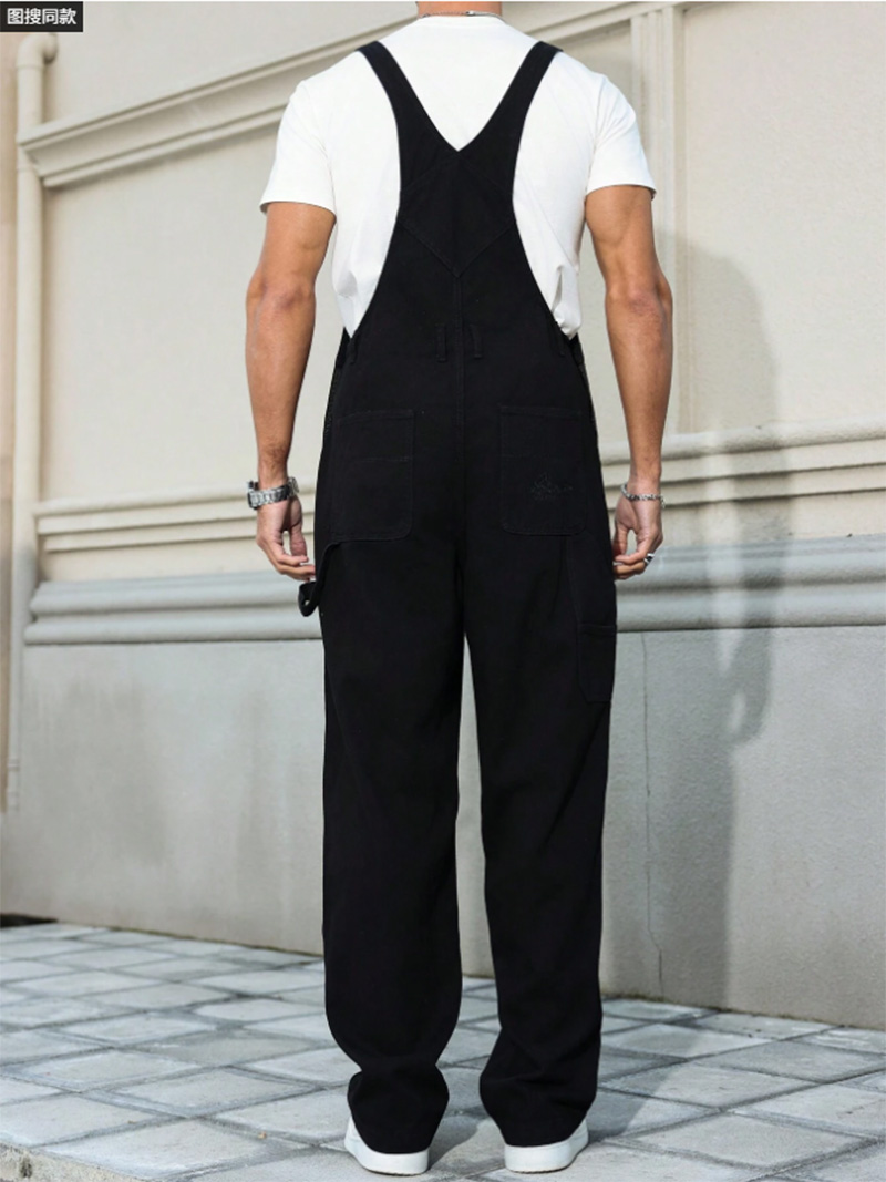 Black Denim Overalls Men Loose Straight Leg Bib Overalls Utility Workwear Jumpsuit US Ready Stock photo 2