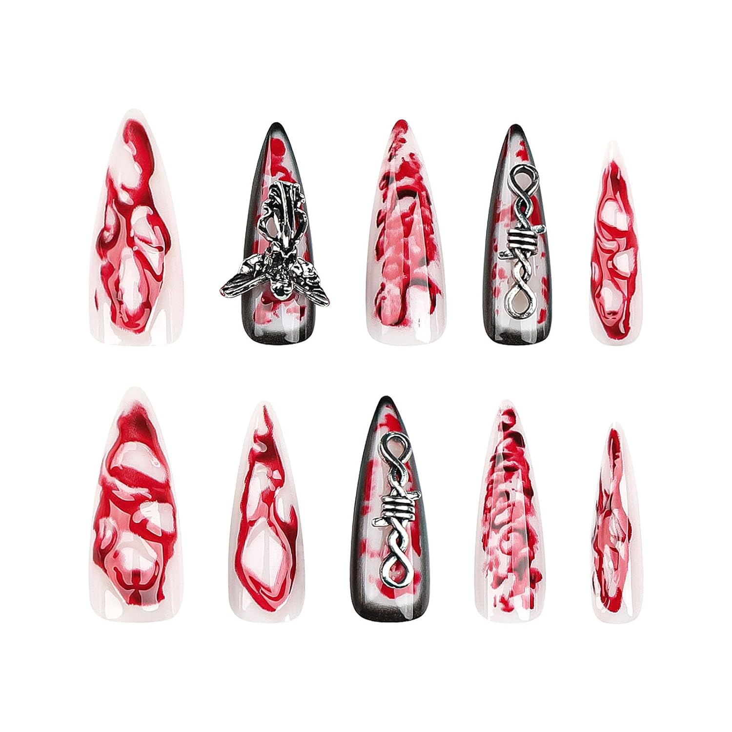 24Pcs Extra Long Teardrop Press On Nails, 3D Blood Red Terror Angel Design Fake Nails, Halloween Gothic Scary Wearable Nail Art For Women photo 3