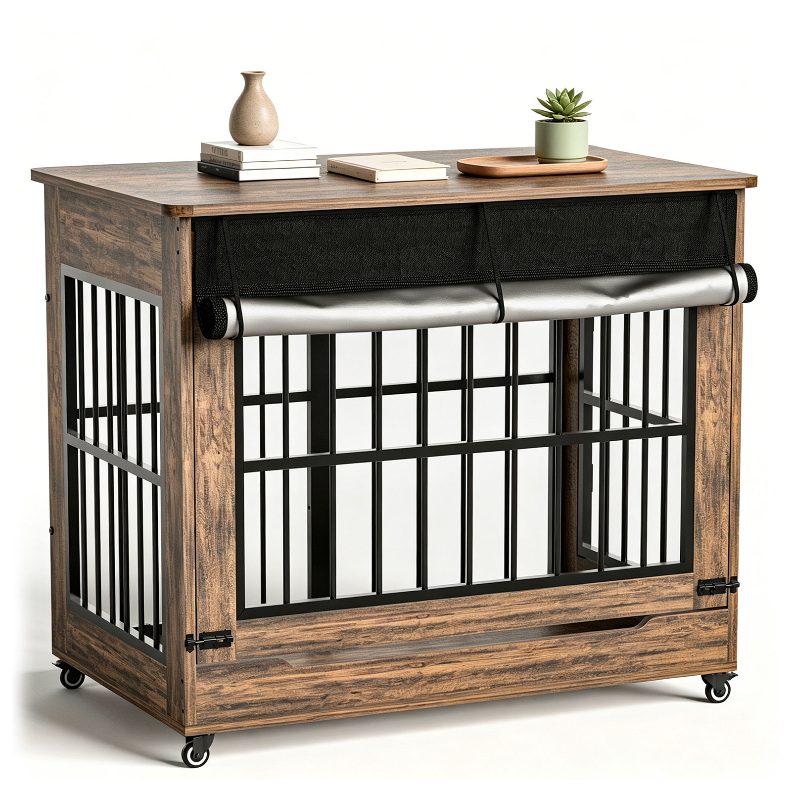 46in Large Dog Crate Furniture, Double Door Wooden Indoor Dog Kennel Furniture, Decorative Pet Cage End Table With Wheels For Extra Large Breed Dogs, Size 2XL, Greige photo 8