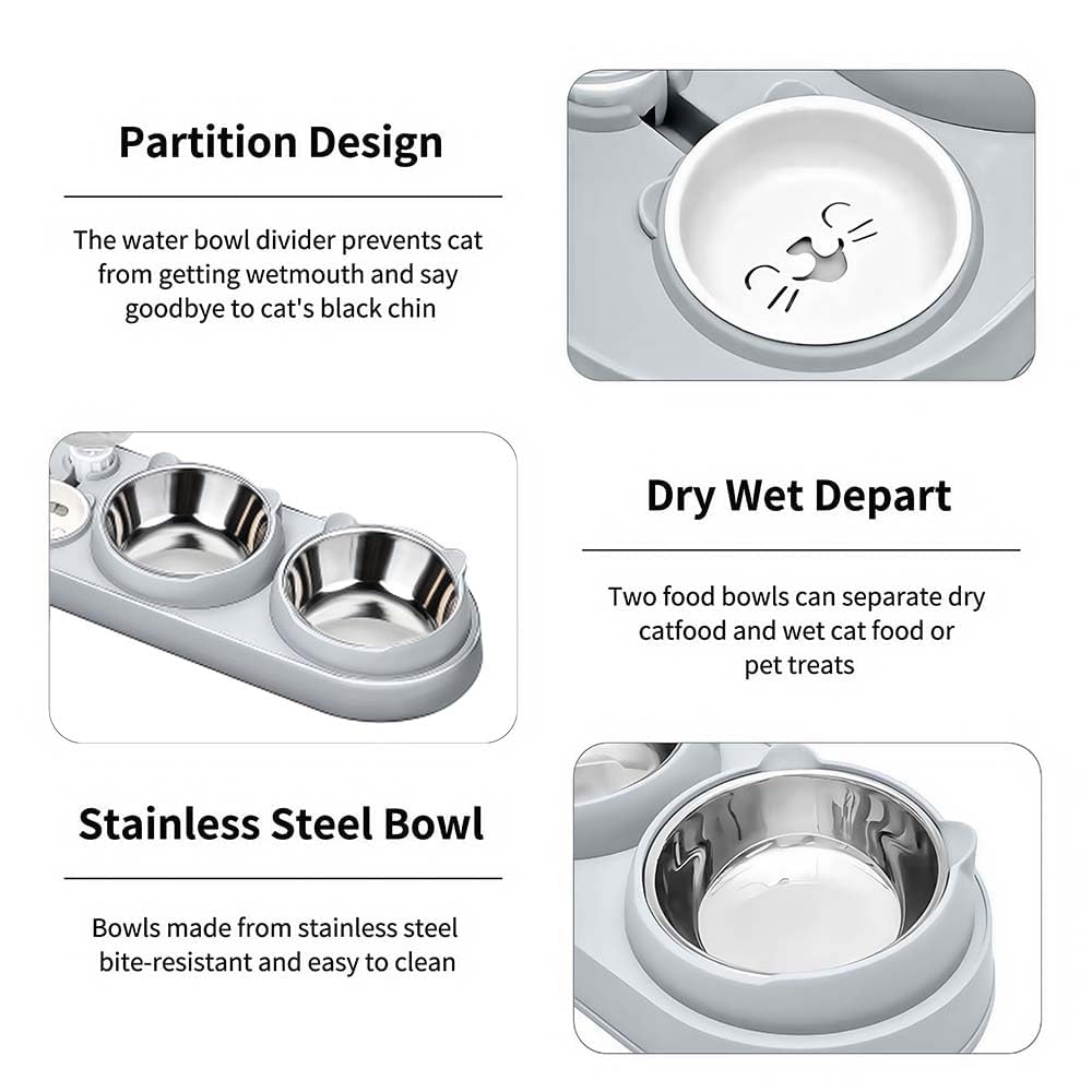3 In 1 Cat Bowl, Cat Food And Water Bowl Set With Water Dispenser And Stainless Steel Bowls, Pet Raised Three Bowls For Indoor Cats, Small Or Medium Sized Dogs photo 5