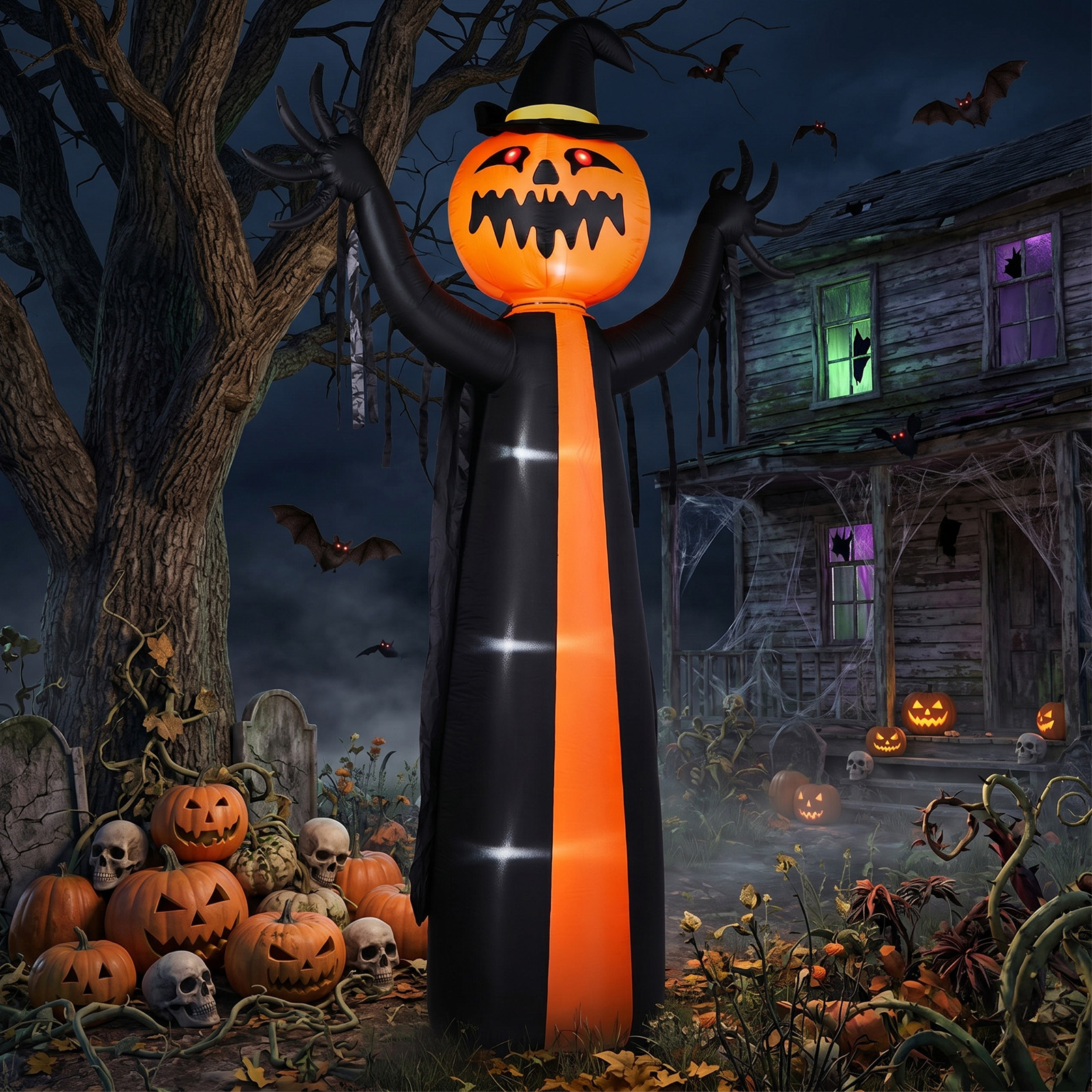 10ft Inflatable Halloween Decor With Rotatable Head Pumpkin Ghost In Cape,6 Built-in LED Lights,Black & Orange,12V 2000mA US Power Adapter photo 2