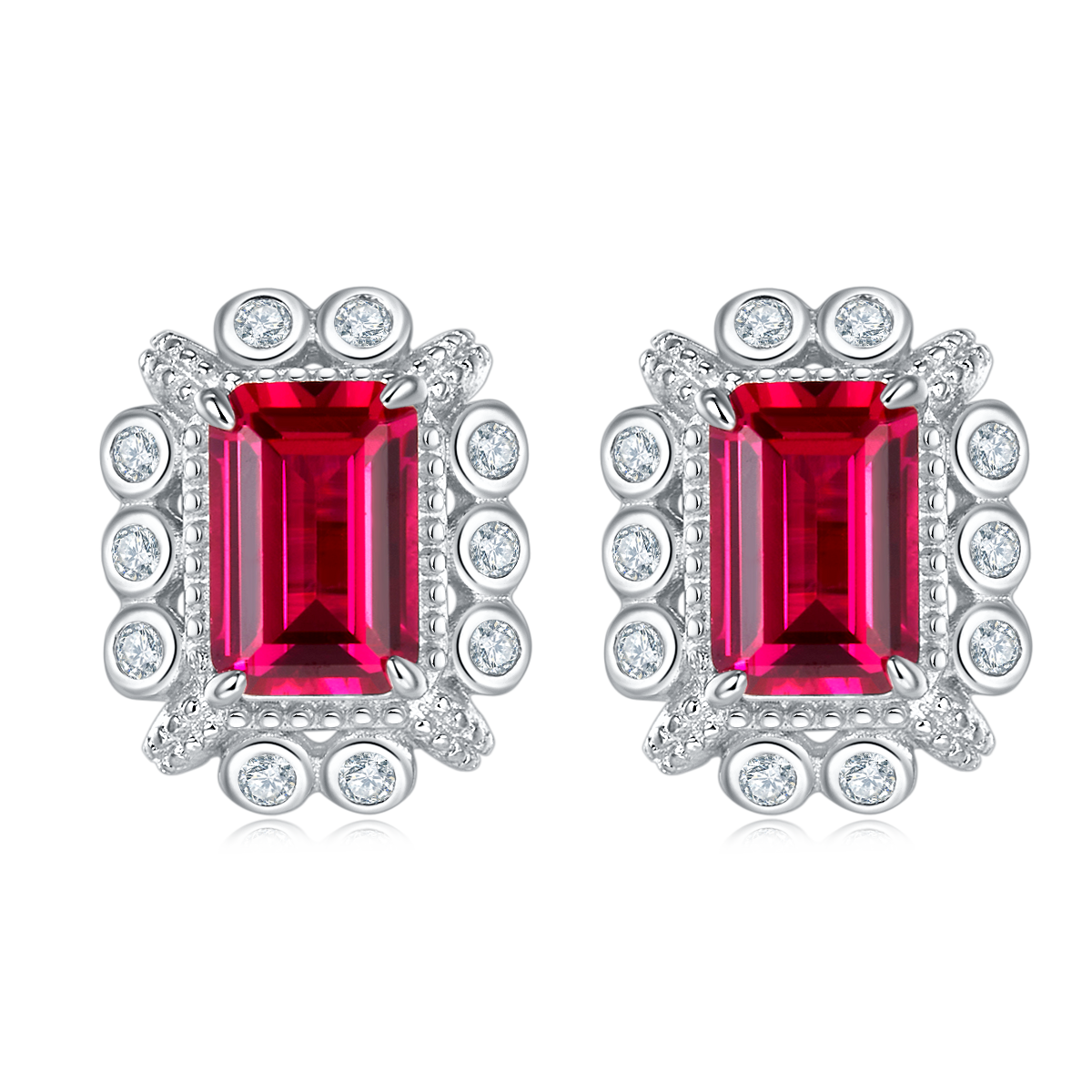 S925 Silver 2.2g Platinum Plated 1.6ct Lab-Created Ruby Stud Earrings, 6x4mm Emerald Cut, Pair photo 1