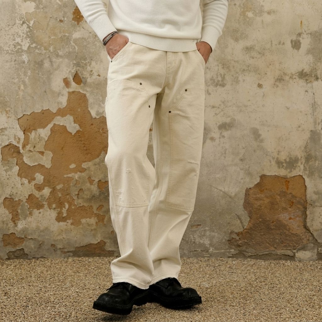 White Cargo Jeans Men Loose Fit Denim Pants Workwear Style Big Size Plus Size Streetwear Ready Stock photo 3
