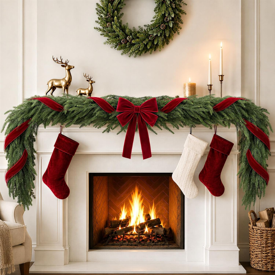 Christmas Decor  6FT Norfolk Pine Garland With Ribbon Bows Red Velvet photo 1
