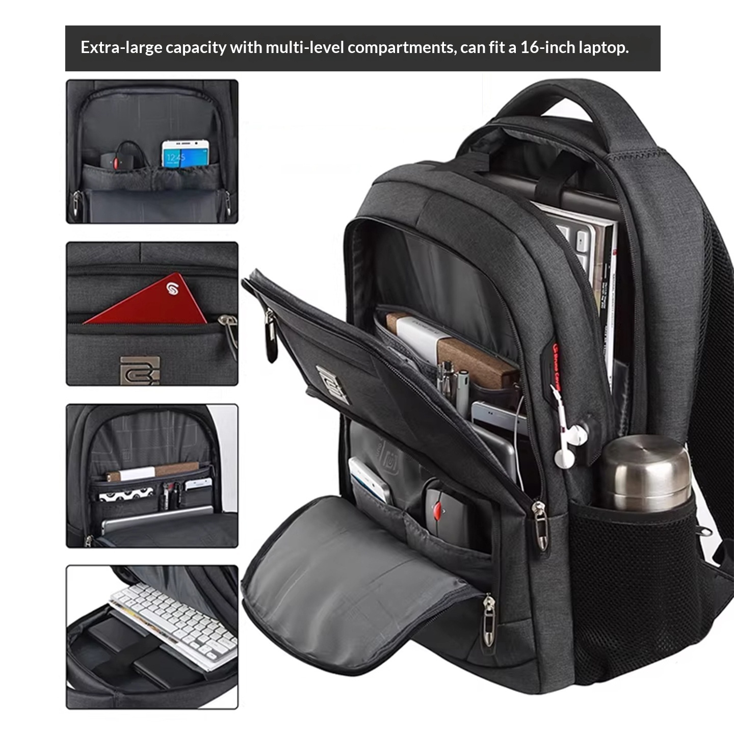 BC Men's Business Backpack Oxford Cloth Waterproof 16 Inch Large Capacity Multifunctional Computer Backpack Student Backpack Women's - Dark Grey Large Edition17-in photo 3