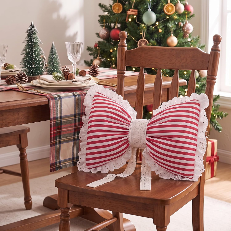 Christmas Bow Throw Pillow Cover, Red & White Striped Decorative Cushion With Lace Ruffle Trim, Festive Holiday Home Decor For Sofa & Bed photo 2