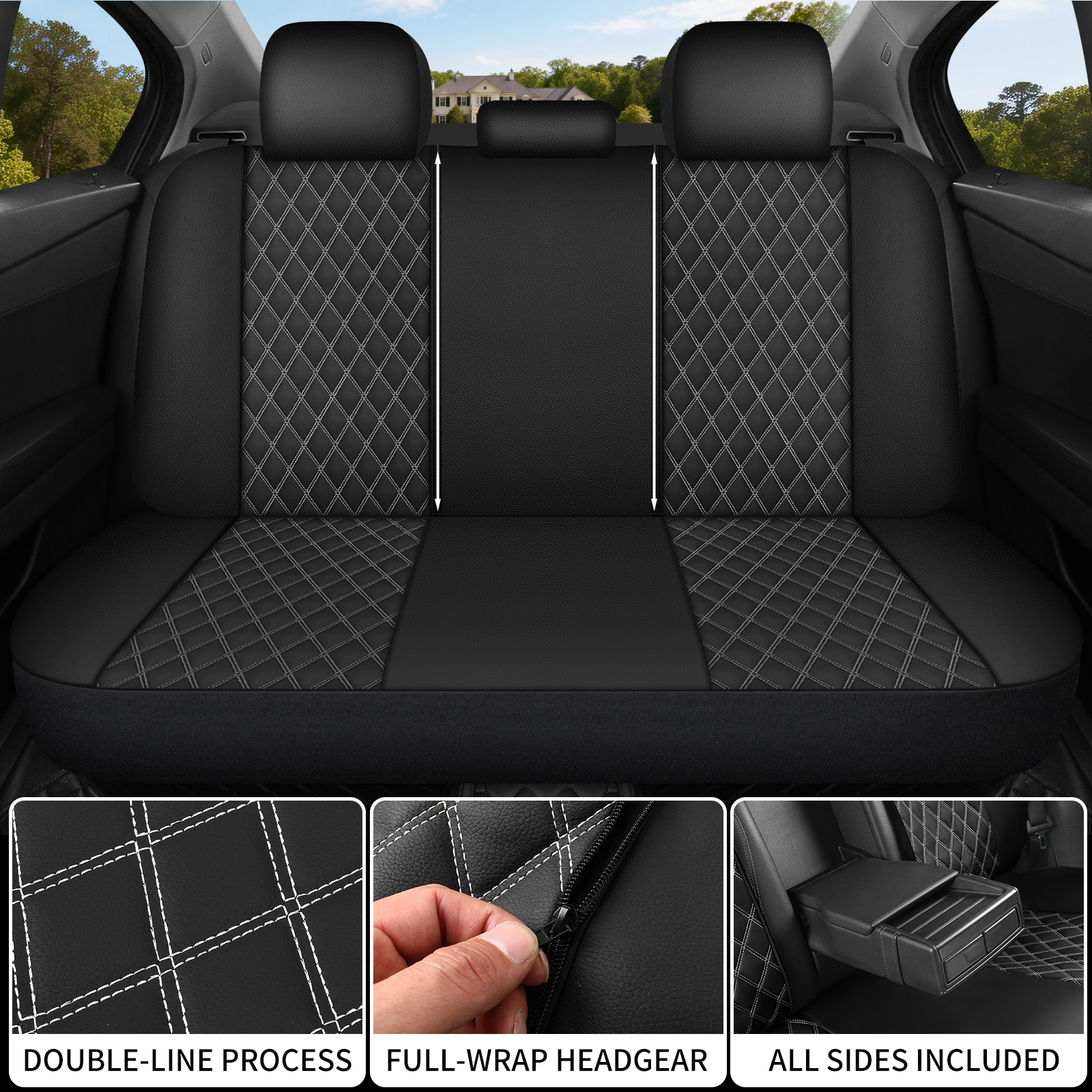 Sport Racing Style PU Leather Car Seat Covers Full 5 Seats, Dual Side Colored Double Stitch Diamond Grid  Inner Diamond Thread All White , Breathable Wearproof Universal Auto Seat Cushion Protector photo 7