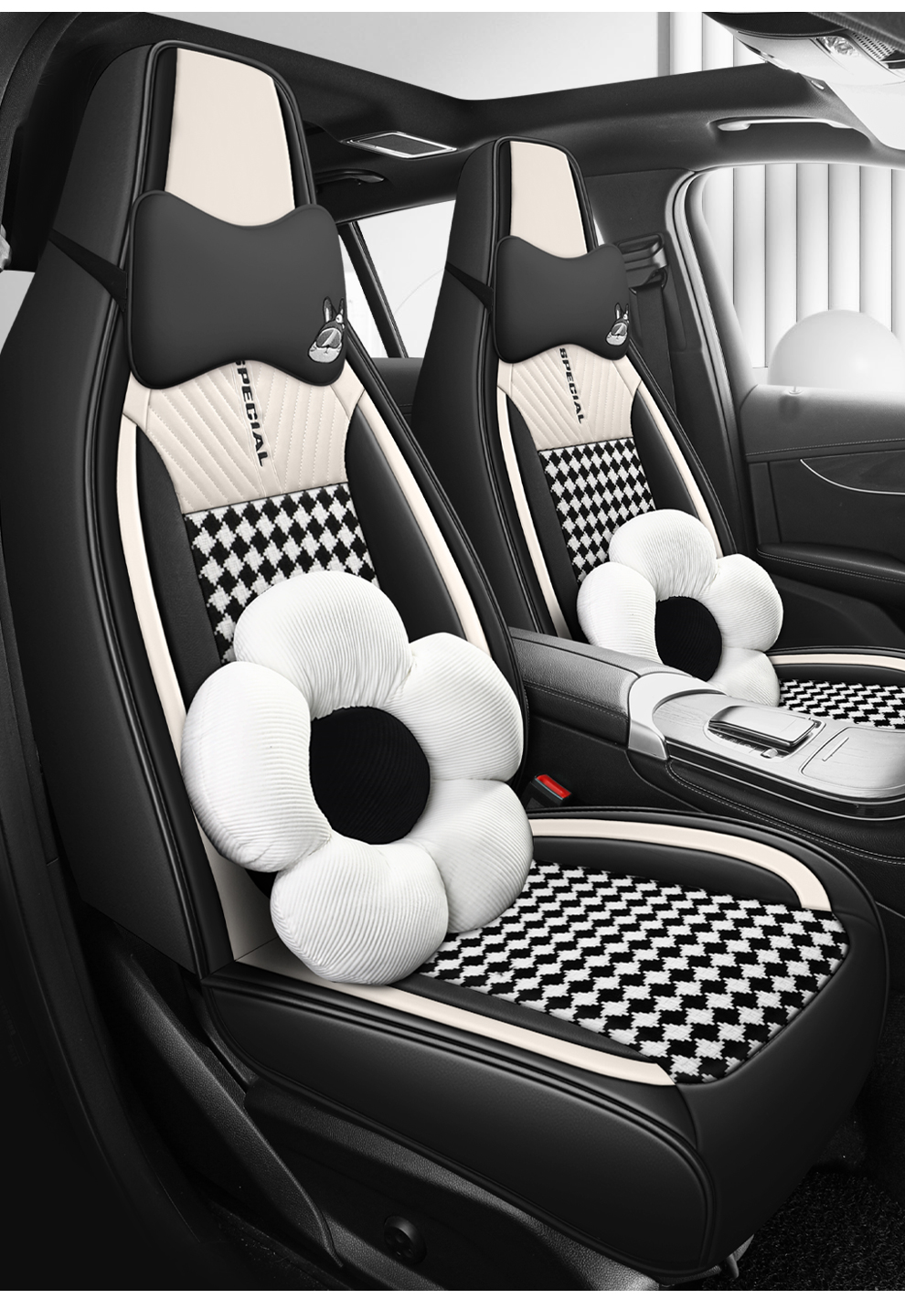 Light Luxury Nordic Style Classic Black White Checkered Plaid Car Seat Covers Full 5-Seat Set Breathable Soft Universal Auto Seat Cushion Protector For Vehicles photo 6