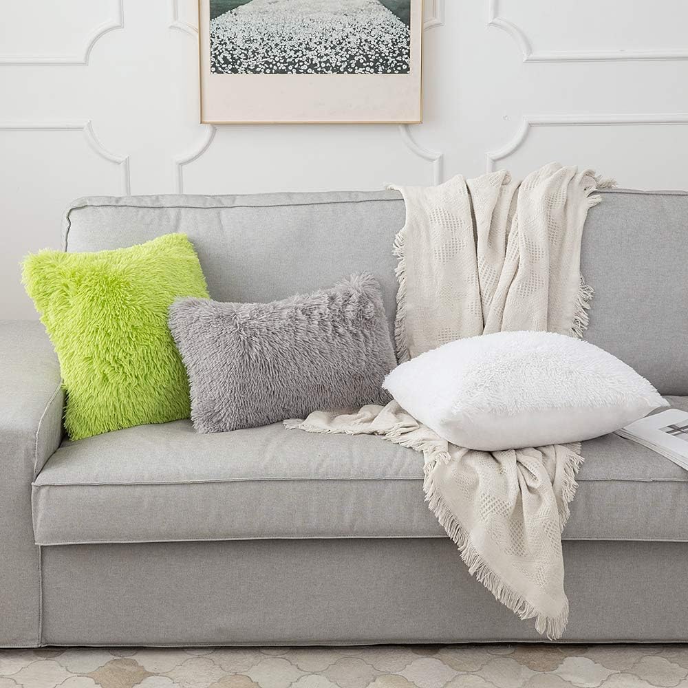 Green Faux Fur Throw Pillow Covers 2 Units, 18x18 Inch Plush Decorative Cushion Cases For Sofa, Bedroom And Car photo 5
