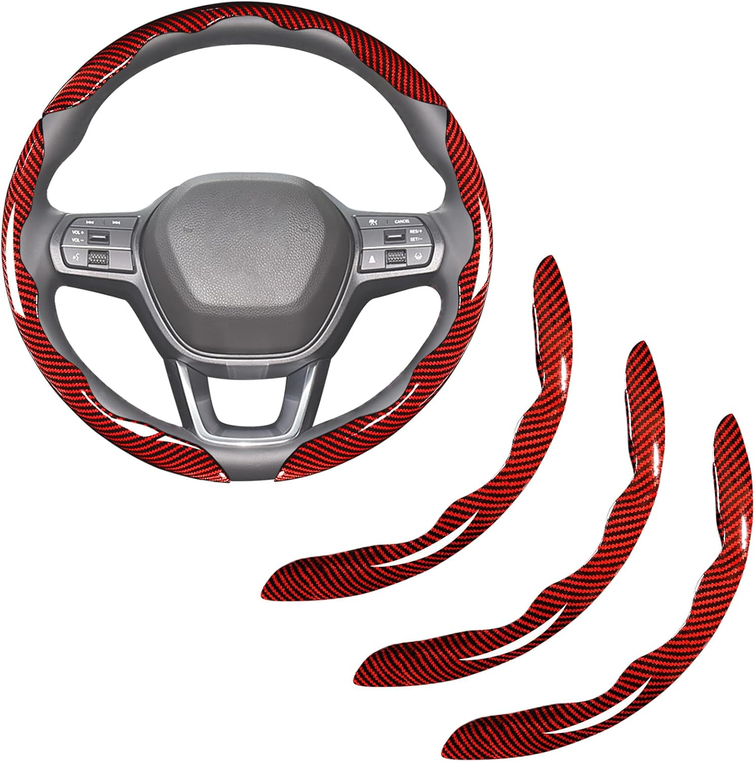 Car Steering Wheel Cover Set Bright Carbon Fiber Wrap Non-Slip 3pcs Steering Wheel Accessories  Universal  Red photo 1