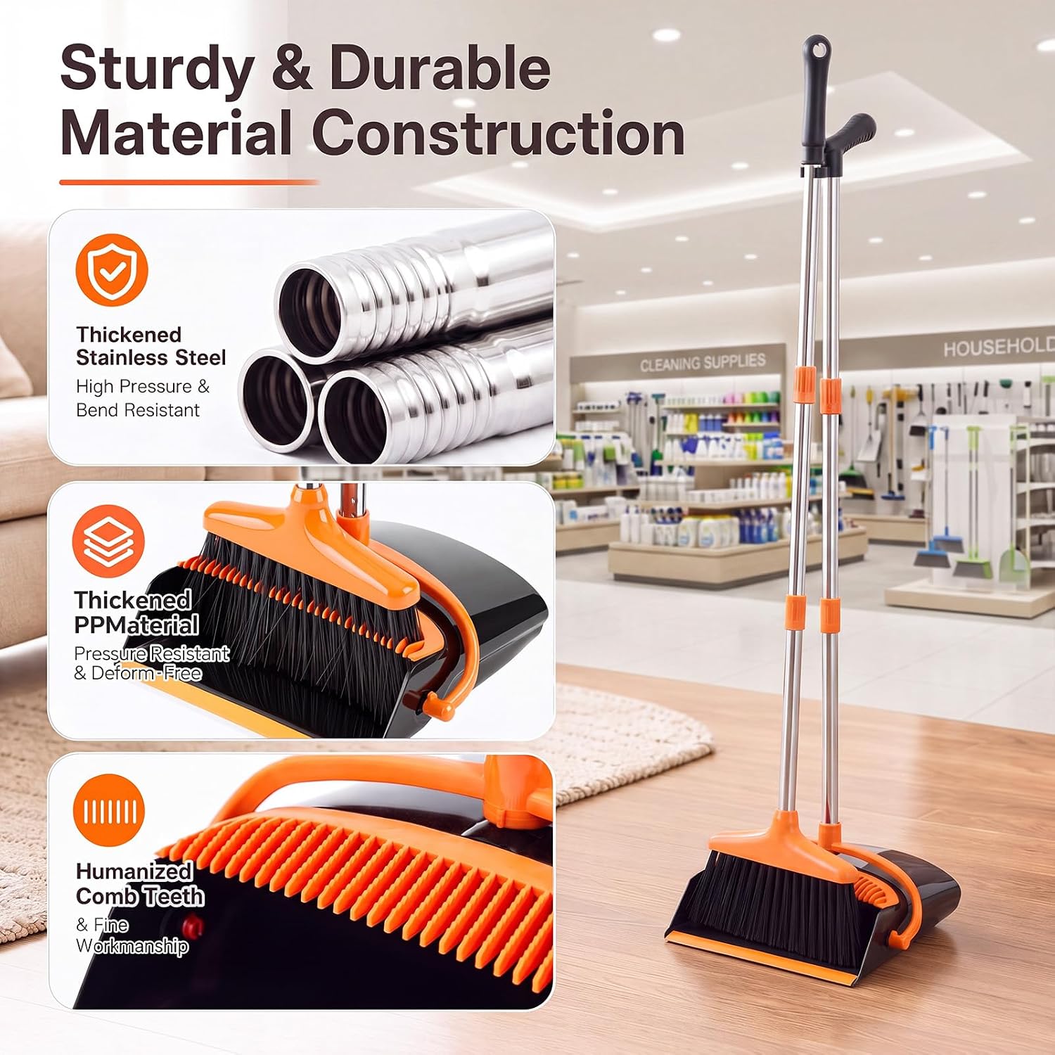 Broom And Dustpan Set, 54.33 Inches Long Handle, Upright Dustpan With Lightweight Stainless Steel Rod, Upright Dustpan, Suitable For Various Scenarios Such As Kitchen, Office And Cleaning Pet Dog Hair photo 4