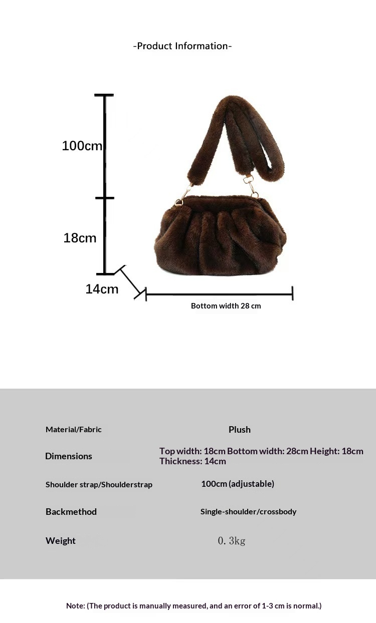 2026 New Plush Shoulder Bag Women's Fashion Imitation Mink Fur Pleated Cloud Bag Autumn-Winter Versatile Crossbody Bag - Black photo 4