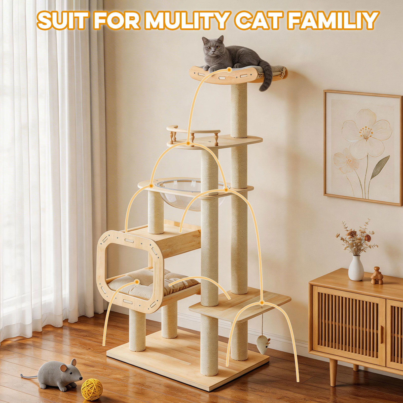 Modern Heavy-Duty No-Drill Cat Tree-Solid Wood Multi-Story Board, 4-Story Multi-Column Cat Tower, 57.9in For Multi-Cat Households, Open Condo, Space Capsule & Perch, Natural Wood Indoor Pet Furniture photo 6