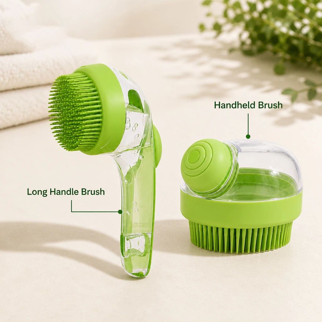 2 Pack Long & Short Handheld Dog Cat Shower Brush With Liquid Dispenser, Soft Silicone Grooming Brush For Pet Bathing & Massage photo 3