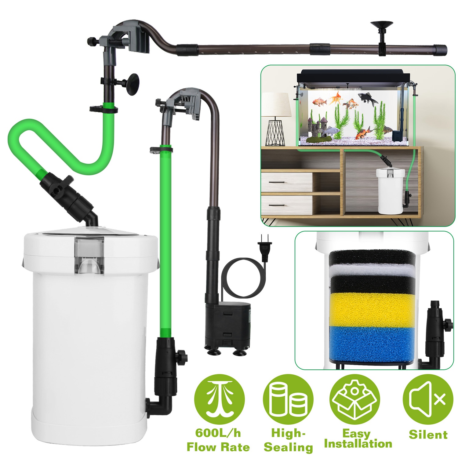 1Pc 3-Stage External Canister Filter For Aquarium Fish Tank With 600L-H Flow Rate 35.4in Max Height 6W Easy Installation Silent photo 8
