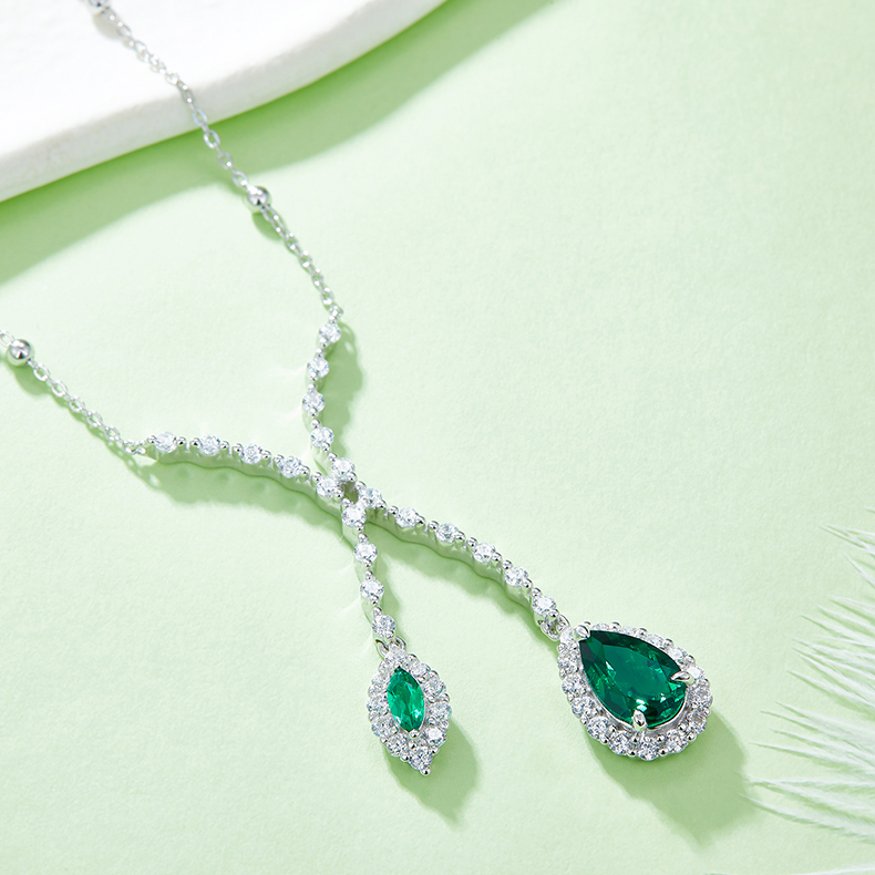 S925 Silver 7.2g 1.88ct Lab-Created Emerald Lariat Necklace, 11x7mm 6x3mm, 40&5cm photo 2