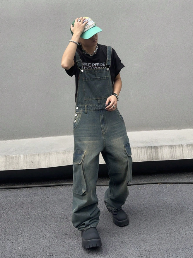 Mens Vintage Denim Bib Overalls Faded Wash Wide Leg Baggy Streetwear Dungarees US Warehouse Ready Stock photo 7