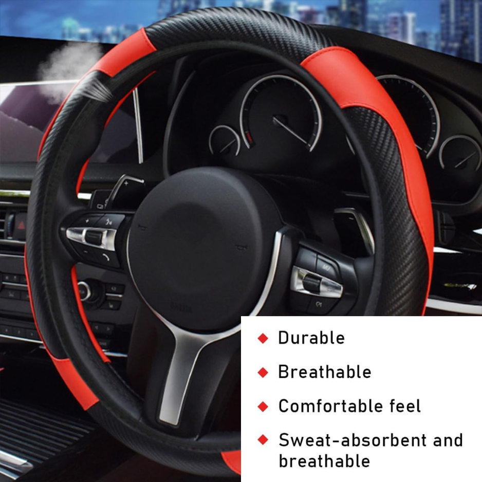 Car Steering Wheel Cover, 15 Inch Leather Breathable Auto Steering Wheel Protector, Comfortable Non-Slip Vehicle Steering Wheel Covers, Universal Interior Car Accessories Black & Red photo 4