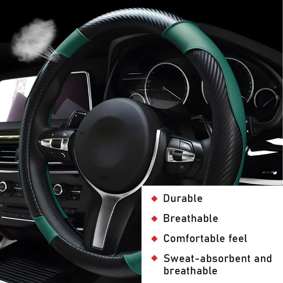 Car Steering Wheel Cover, 15 Inch Leather Breathable Auto Steering Wheel Protector, Comfortable Non-Slip Vehicle Steering Wheel Covers, Universal Car Accessories Dark Green, With Lining photo 5