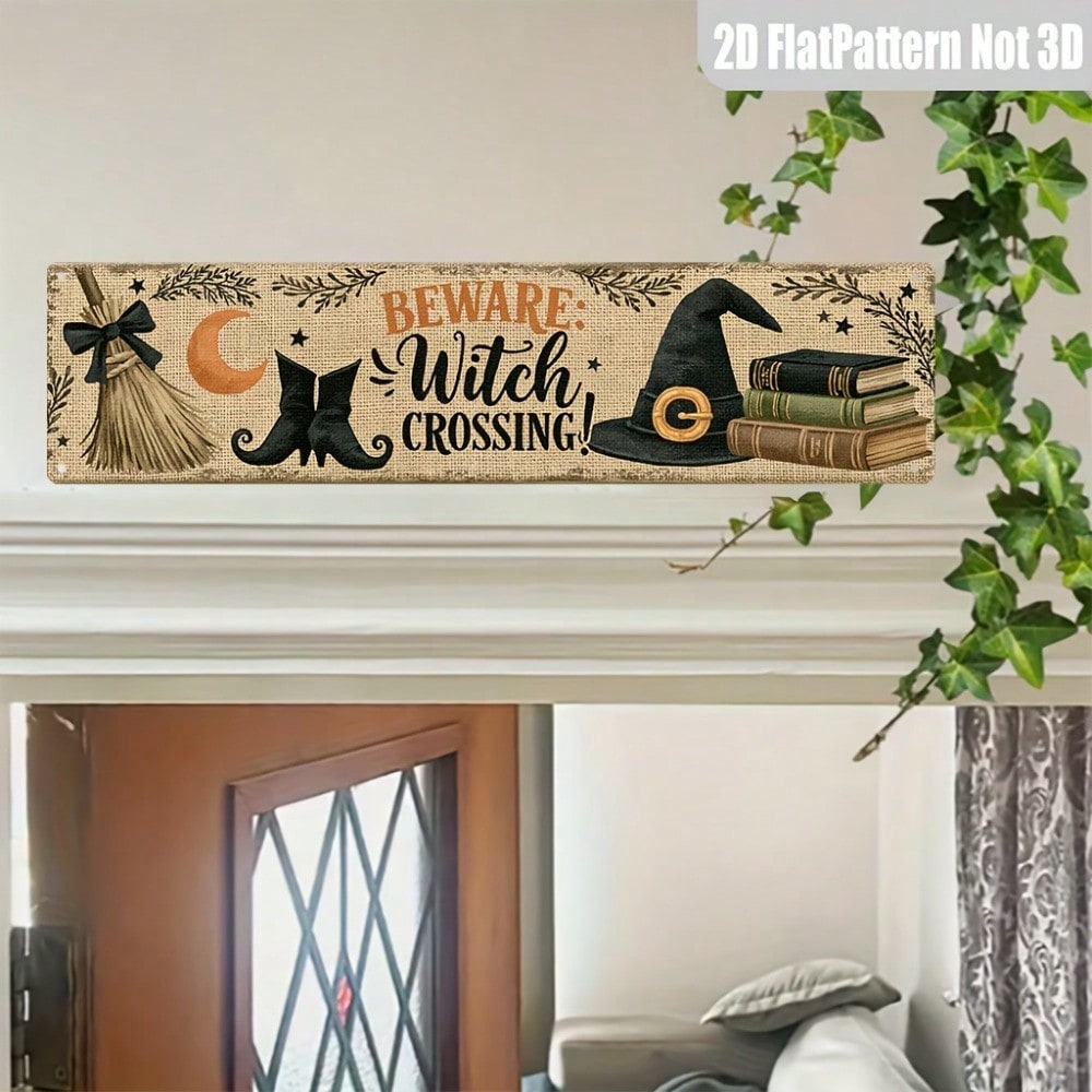 Beware Witch Crossing Metal Sign 2D Flat, Rustic Halloween Entryway Decor photo 3