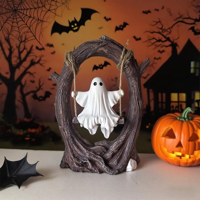 Halloween Ghost On Tree Swing Figurine Cute Swinging Ghost Statue For Desktop Shelf Mantel And Table Decor photo 6
