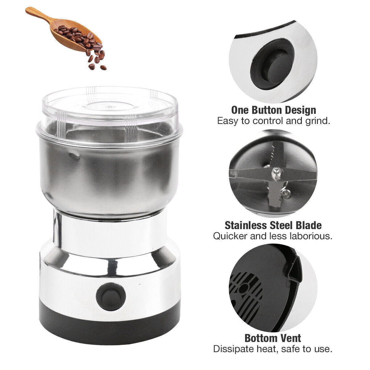 Electric Coffee Grinder With Stainless Steel Blades, 10s Fast Grinding Transparent Lid, Compact Button Operated For Coffee Beans Grains Spices photo 3