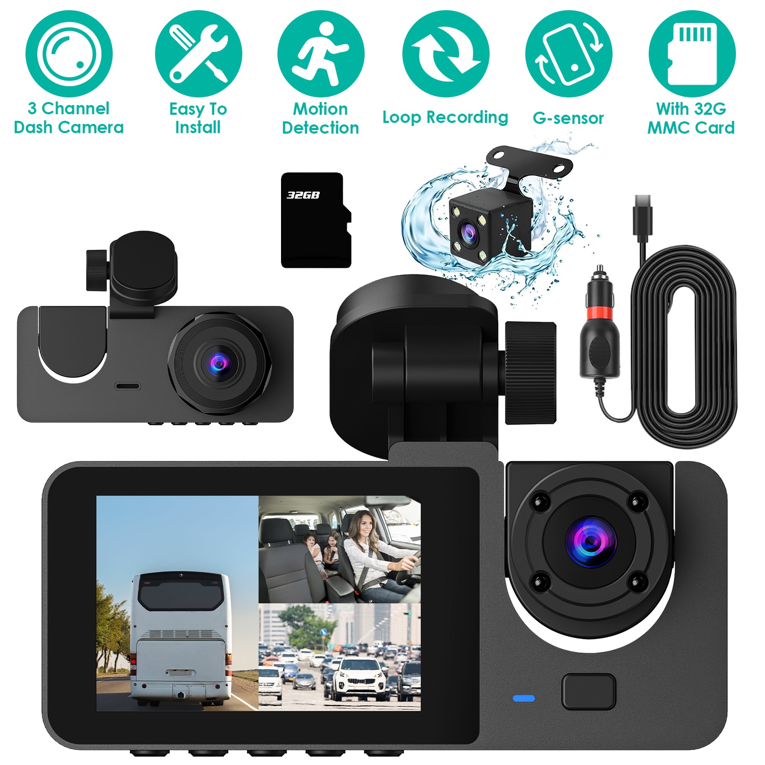 3 Channel Dash Cam Front Inside Rear Vehicle Driving Recorder Car DVR With 32G MMC Card G Sensor Motion Detection Parking Monitor Loop Recording photo 2